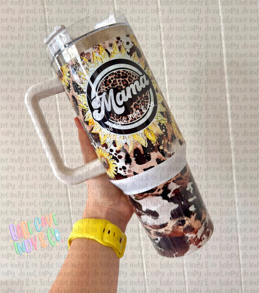 Sunflower + Cowhide Mama Tumbler